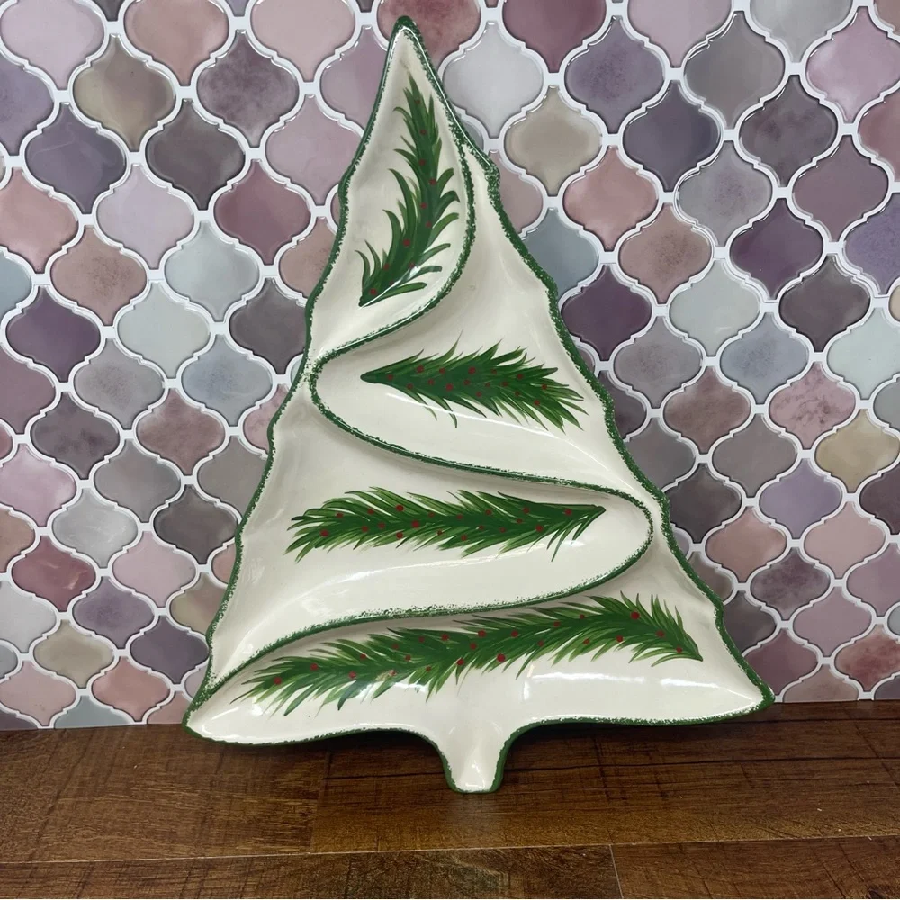 MCM Vintage Hobbyist Hand Painted Divided‎ Ceramic Christmas Tree Tray/Dish